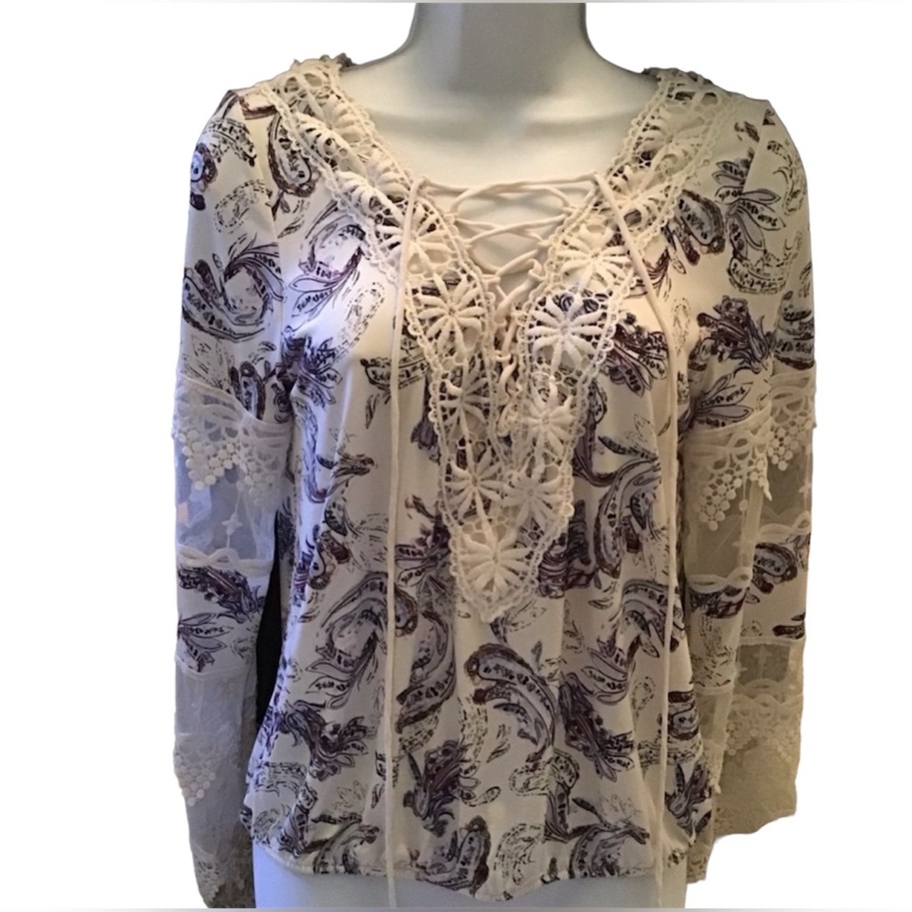 WHBM blouse lace up boho women’s sz small S Gorgeous mesh lace